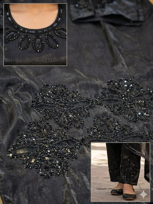 Midnight Noir: Hand-Embellished Silk Salwar Suit with Sequin Dupatta