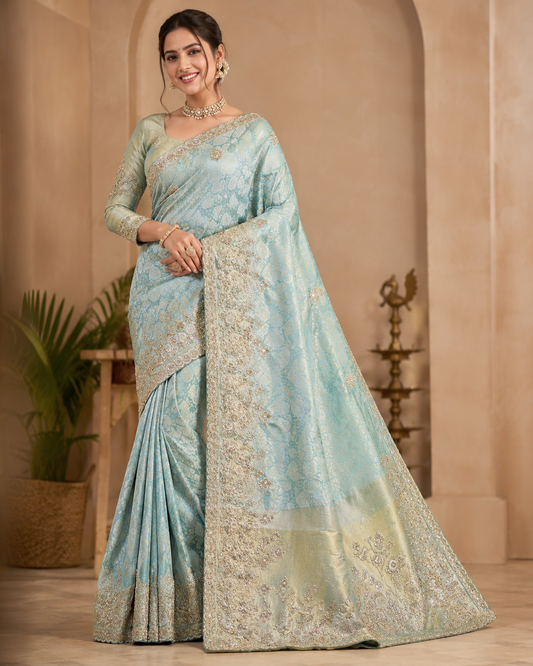 Regal Aqua Saree with Zari Work with full sleeves blouse