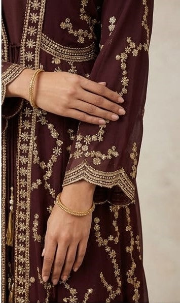 Embroidered Plum Anarkali Gown with Gold Floral Accents