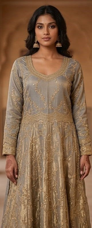 Golden Serenity Embroidered Anarkali Gown