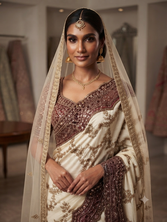 Off white and maroon contrast satin bridal saree with matching net scarf.