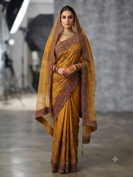 BRIDAL SAREE WITH MATCHIBG NET SCARF