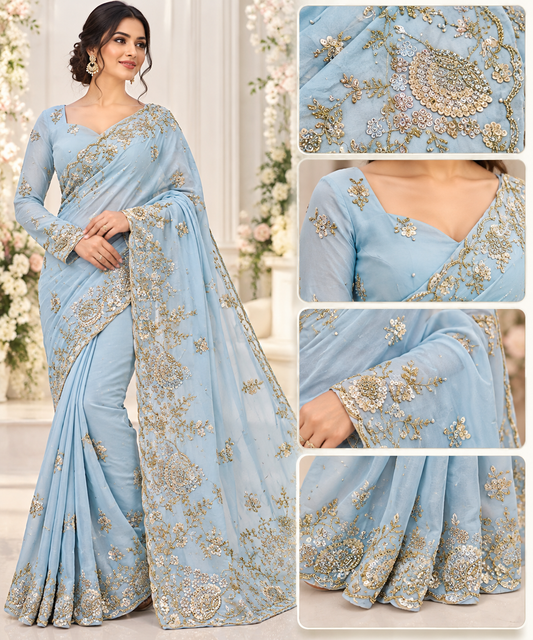 Powder Blue Elegance – Luxury Embroidered Saree ✨
