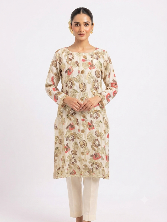 Beige Floral Embroidered Kurti Set