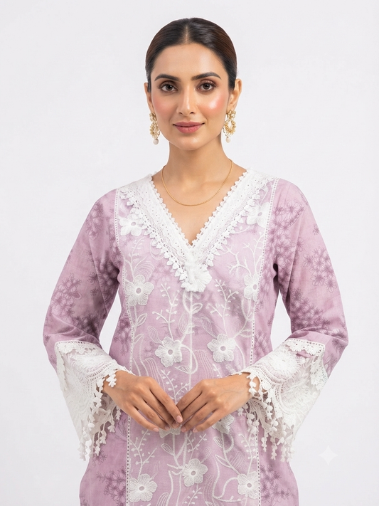 Pink Floral Embroidered Lace Kurti Suit