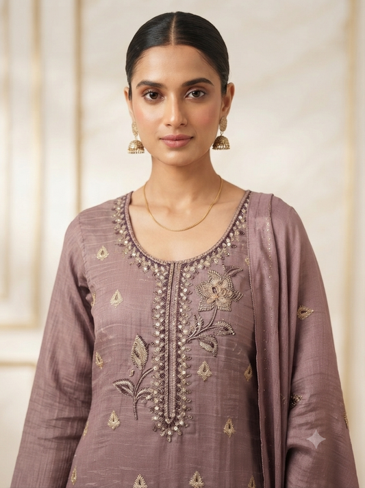 Embroidered Mauve Silk Kurta Set