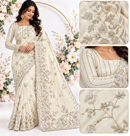 Ivory Elegance Embroidered Saree, available in any colour to order