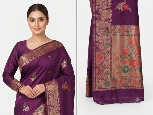 Purple Banarasi Silk Saree with Matching Blouse