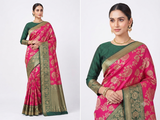 GYT pink and green mehendi saree with full sleeve blouse.