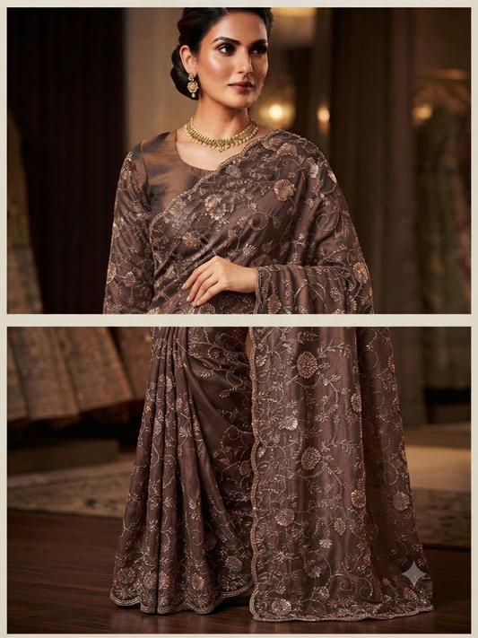Mystical Brown Saree with Embellished full sleeve Blouse