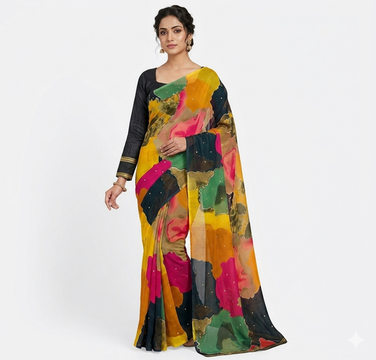 MEHENDI SAREE Abstract Print Saree with Matching full sleeve blouse.