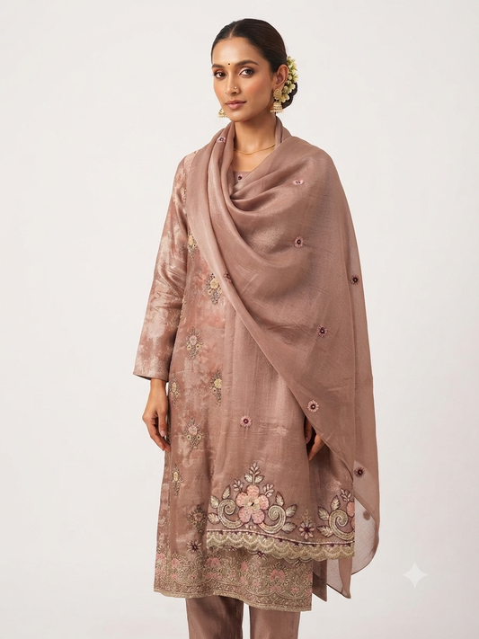 Mauve Embroidered Kurta Set with Matching Dupatta