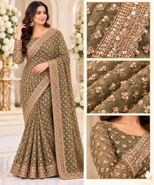 Olive Gold Embellished Luxury Saree with full sleeve blouse.