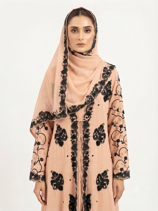 MB - Peach abaya with black embroidery.