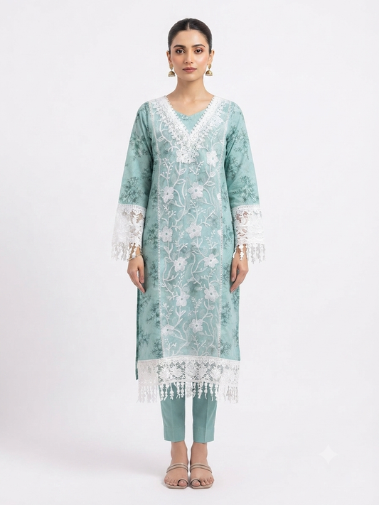 Seafoam Printed and Embroidered Lace-Trim Kurta Set