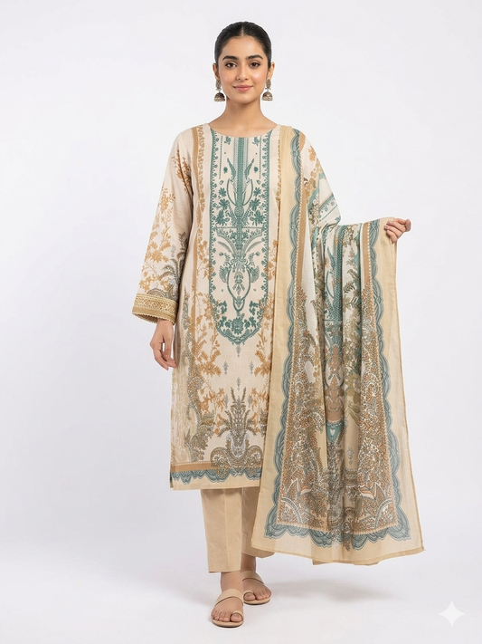 Women's 3-Piece Printed Cream and Teal Mirror Salwar Kameez Suit