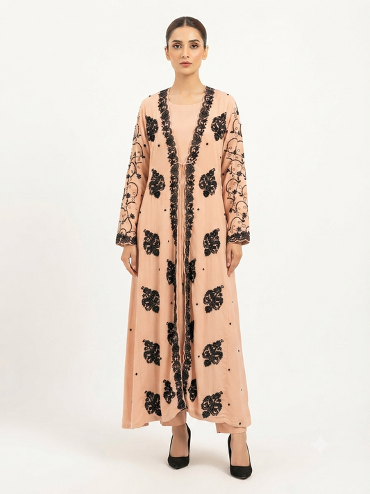 MB - Peach abaya with black embroidery.