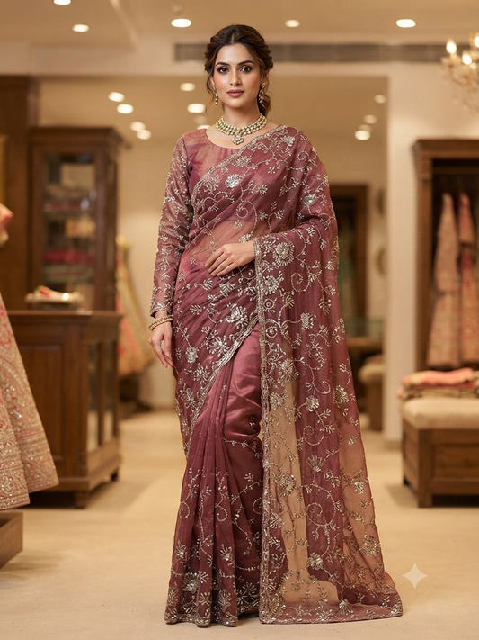 Dusty Rose Saree with Gold Embellishment, with full sleeve ready made blouse.