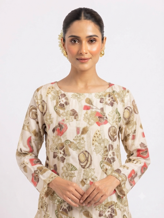 Beige Floral Embroidered Kurti Set