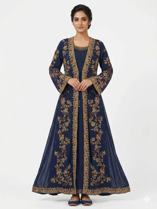 Embroidered Navy Blue Open Abaya with Matching Inner Dress