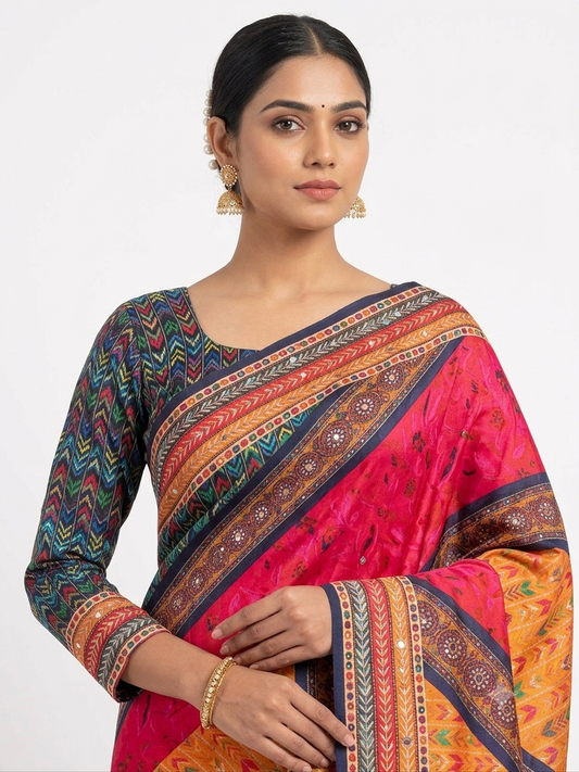 Vibrant Geometric Print Saree with mirror and Matching Blouse