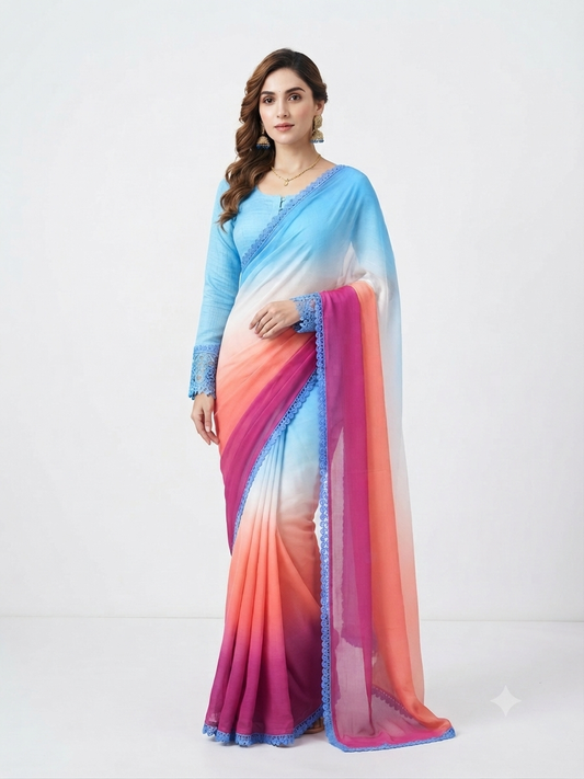 SHB - Blue shaded saree with matching plain full sleeve blouse.