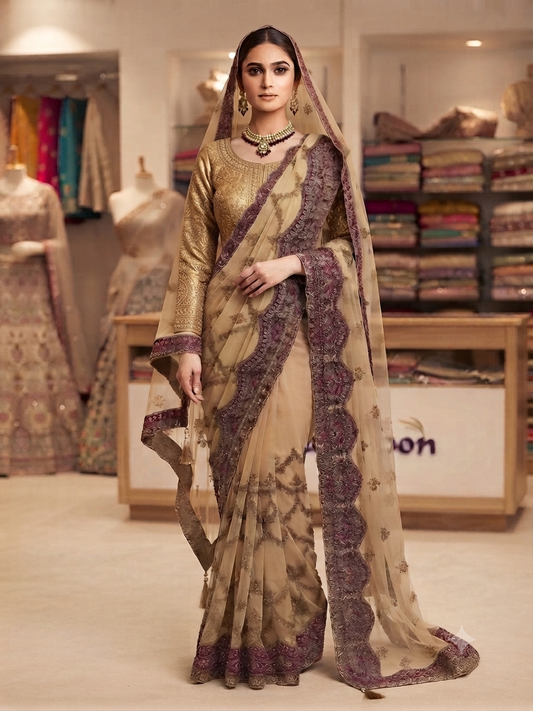Heavy satin gold bridal saree with dupatta.