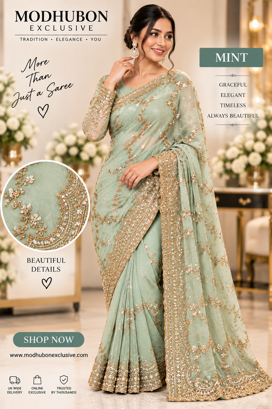 Viral mint green saree with full sleeve blouse