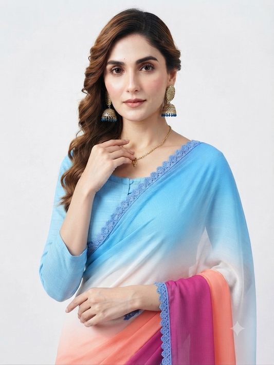 SHB - Blue shaded saree with matching plain full sleeve blouse.
