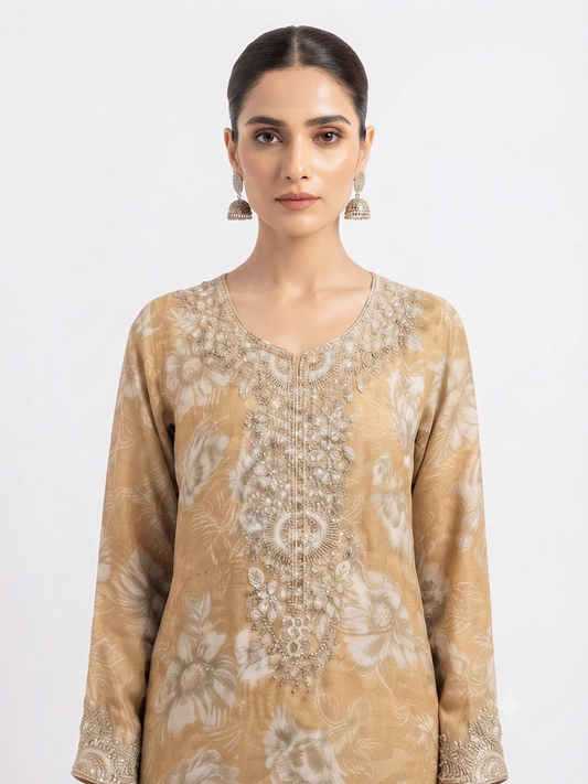 Golden Floral Embellished Kurta Set