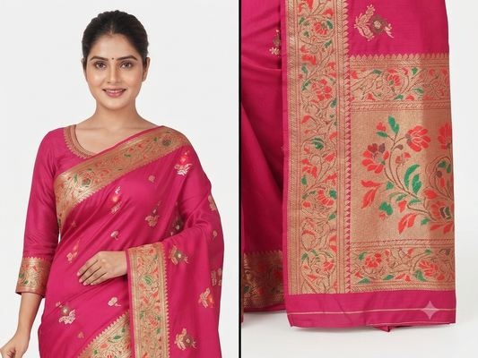Magenta Banarasi Silk Saree with Gold and Red Zari Work