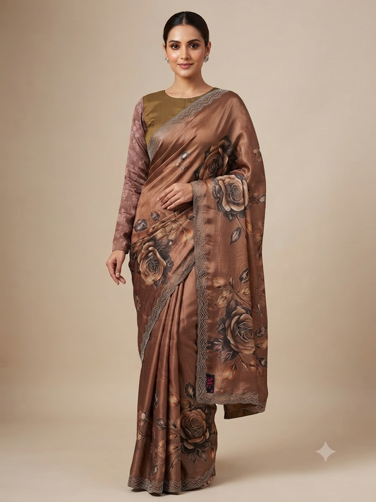 Light Brown Satin Saree with Floral Print and Beaded Border