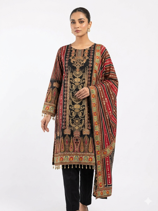 Black and Maroon Traditional Patterned Embroidered Shalwar Kameez
