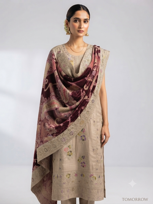 Beige Embroidered Kurta Set with Velvet Paisley Shawl