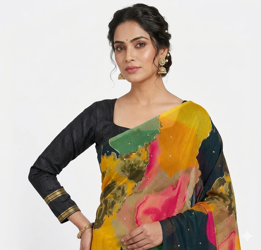 MEHENDI SAREE Abstract Print Saree with Matching full sleeve blouse.