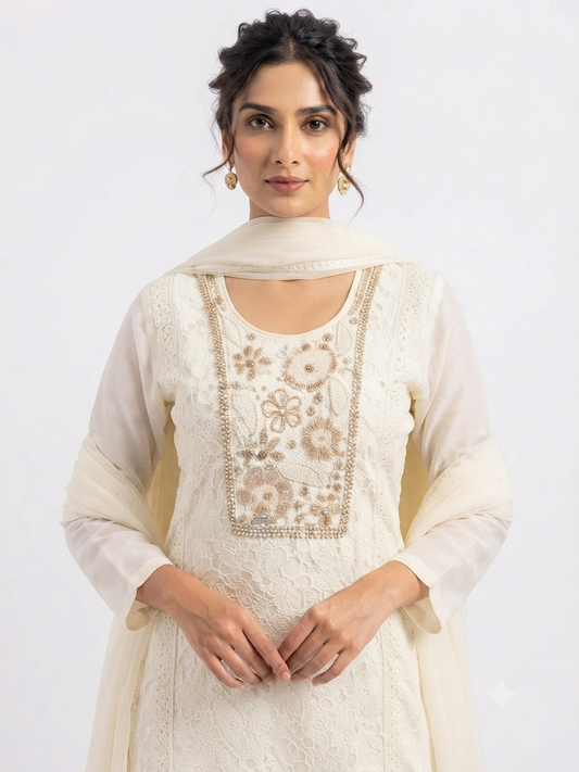 Ivory Embroidered Chikan Kurti Set