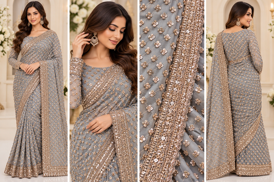 Silver Grey Gold Embellished Saree with Full-Sleeve Blouse.