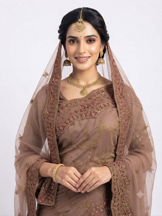 Bridal satin saree with matching net scarf in mauve.
