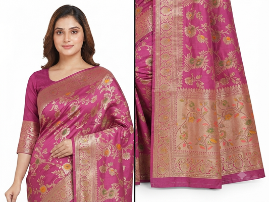 Pink Banarasi Silk Saree with Matching Blouse