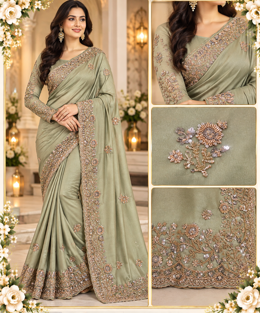 Elegant Sage Green Embroidered Saree with Sequin Work