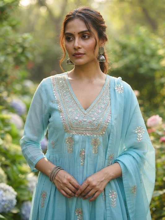 Sky Blue Embroidered Anarkali Suit Set