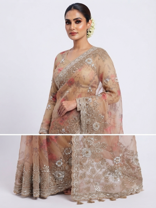 Floral Embroidered Satin organza Saree with Matching Blouse