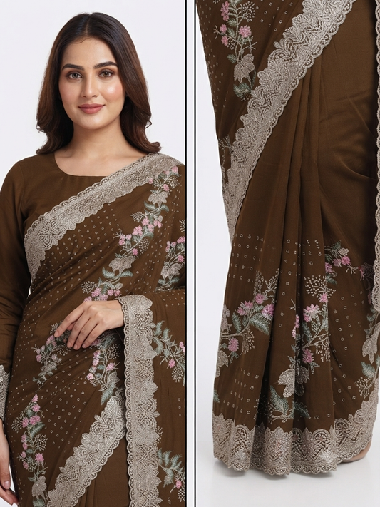 Dark Brown Georgette Saree with Floral Embroidery and Scalloped Border
