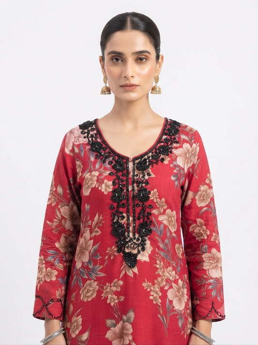 Red Floral Beaded Kurta Set