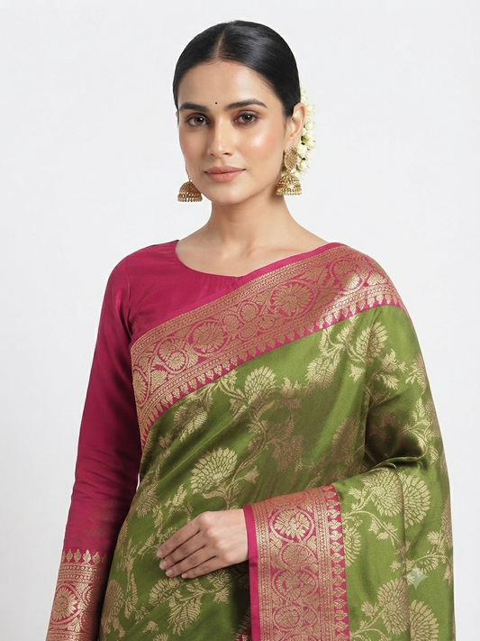 GYT Katan mehendi saree with ready-made blouse.