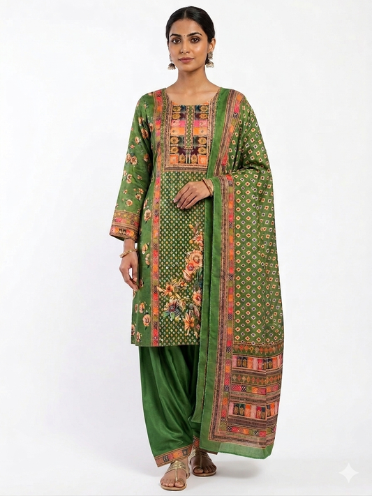 Women's Green Printed Salwar Suit with Dupatta