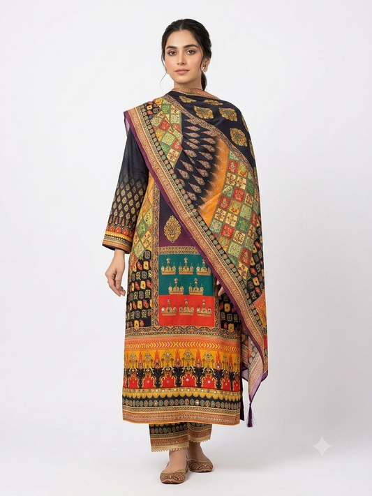 Pastel Peach Floral & Paisley 3-Piece Mirror Salwar Kameez Suit