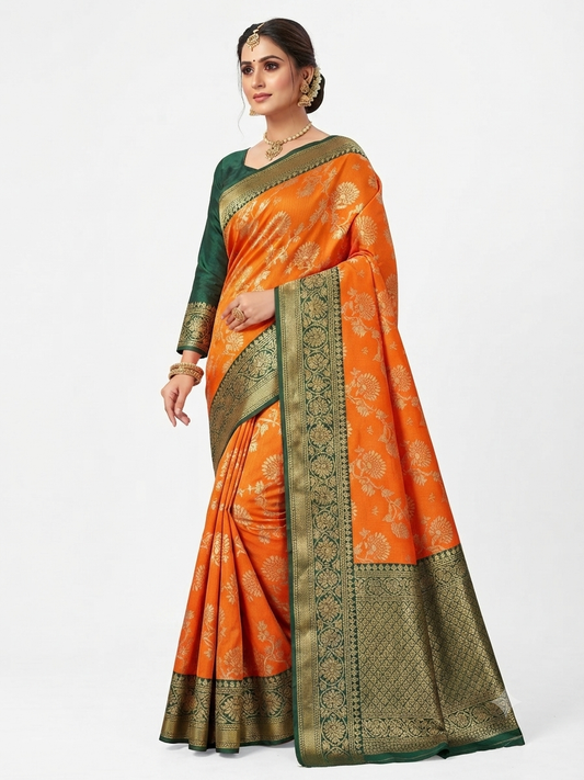 GYT orange katan mehendi saree with ready-made blouse.