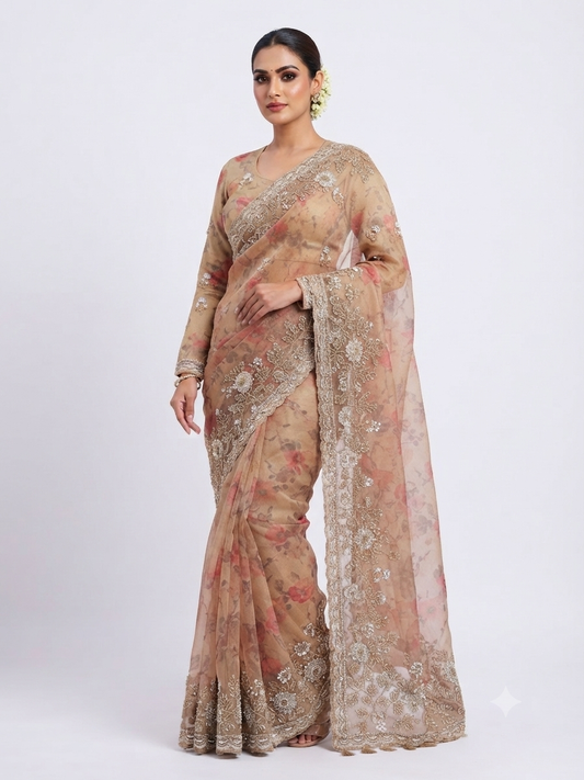 Floral Embroidered Satin organza Saree with Matching Blouse