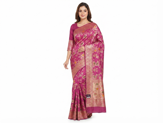Pink Banarasi Silk Saree with Matching Blouse